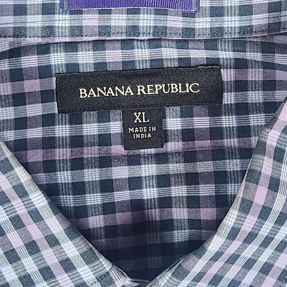 Banana Republic XL Plaid Snap Button Shirt Western Blue Purple Mens XL Stretch - Picture 6 of 8